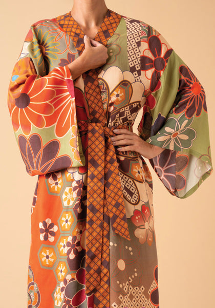 Powder 70s Kaleidoscope Floral Kimono Gown In Sage – The Lovely Room