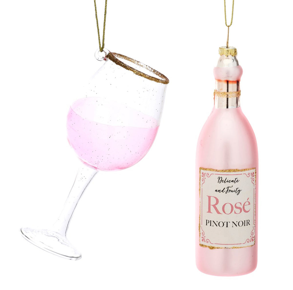 Sass & Belle Christmas Cheer Rose Wine And Glass Shaped Bauble - Set Of 2 (Boxed)