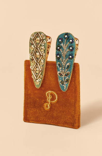 Powder Jewelled Hair Clips Tile & Wheat  (Set Of 2) - Sage & Teal