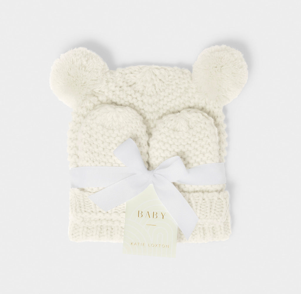 Katie Loxton Knitted Hat & Mittens Set - White