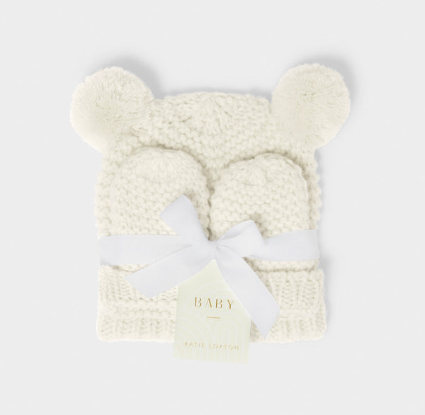 Katie Loxton Knitted Hat & Mittens Set - White