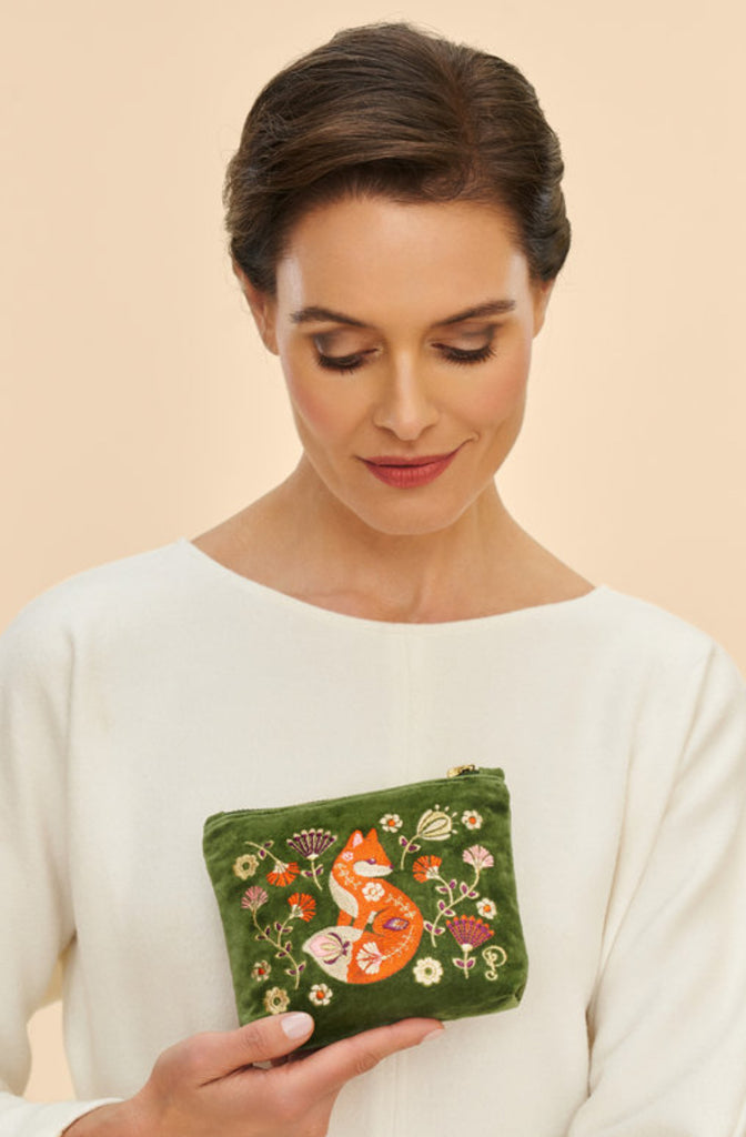 Powder Velvet Embroidered Mini Pouch - Scandinavian Fox