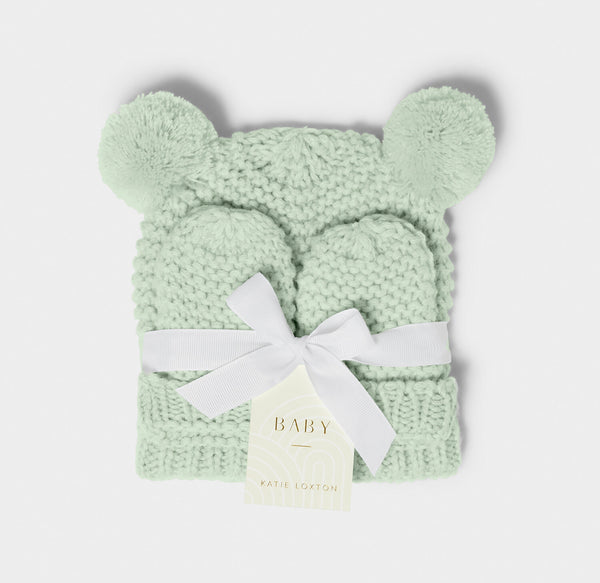 Katie Loxton Knitted Hat & Mittens Set - Light Sage