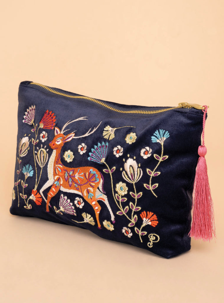 Powder Velvet Embroidered Zip Pouch - Folk Art Deer, Slate