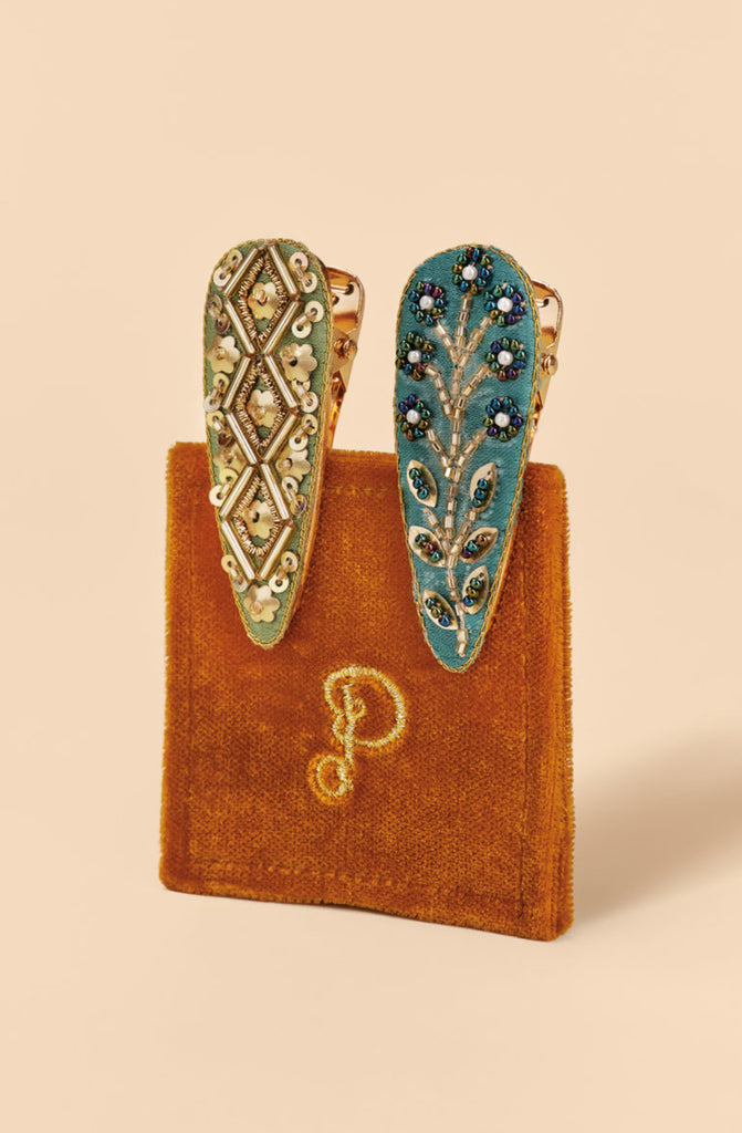 Powder Jewelled Hair Clips Tile & Wheat (Set Of 2) - Sage & Teal