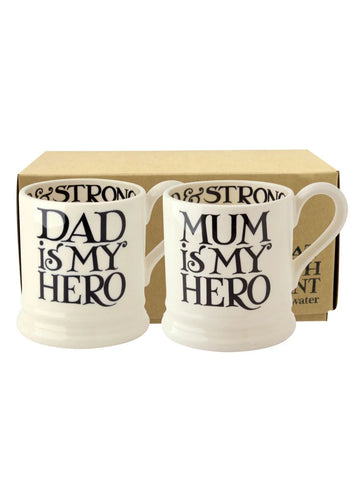 Emma Bridgewater Black Toast Archive My Dad Is My Hero & My Mum Is My Hero Set Of 2 1/2 Pint Mugs Boxed