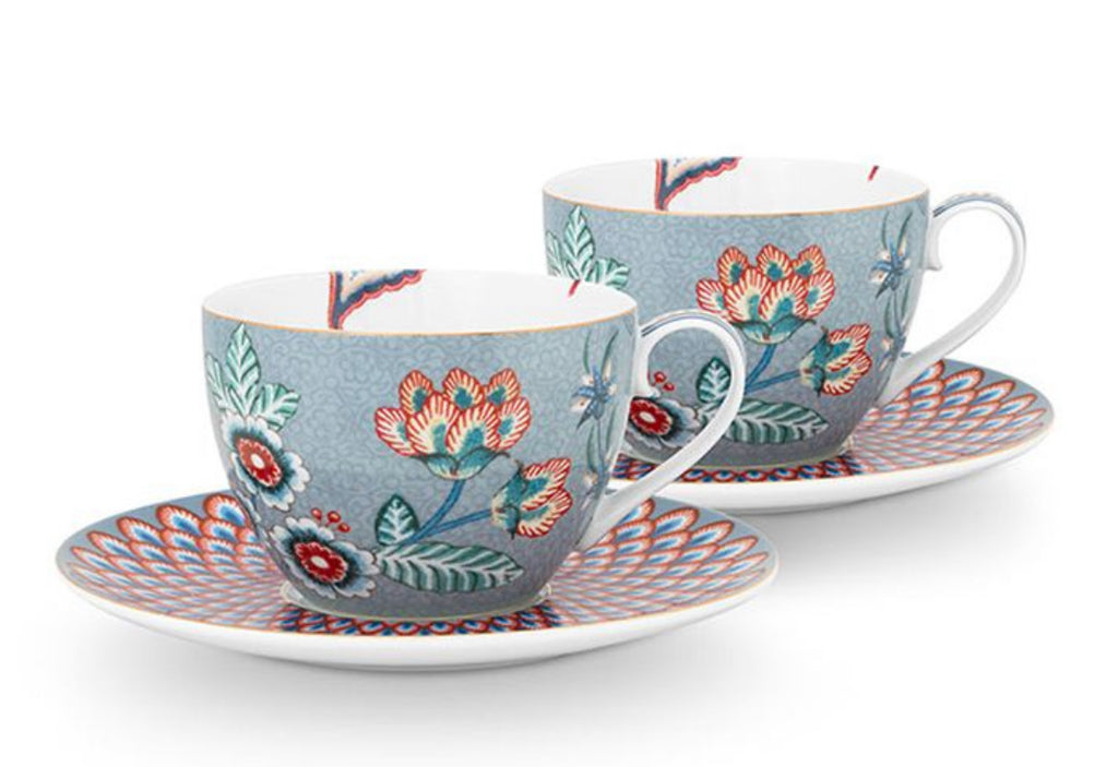 Pip Studio Flower Festival Set Of 2 Cups & Saucers - Light Blue (Boxed)